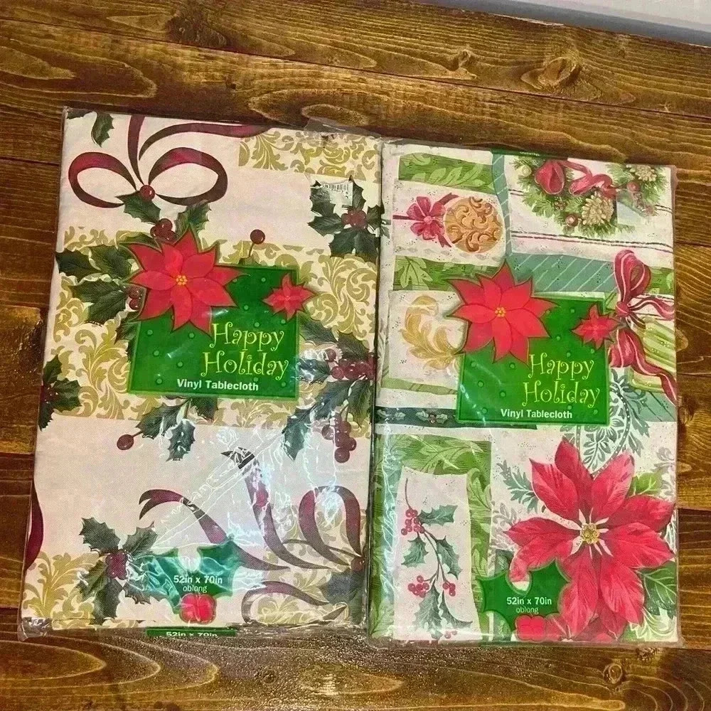 Set Of 2 Vintage Holiday Holly Vinyl Flannel Back Tablecloth 52” X 70” Oblong